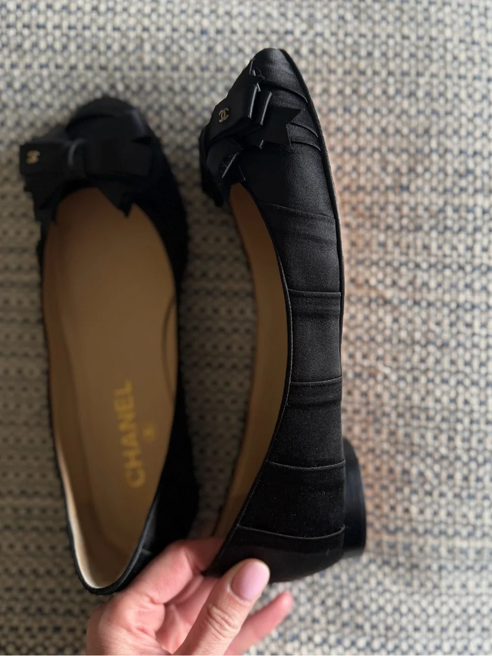CHANEL Black Satin Peep-Toe Ballet Flats with Bow & Gold CC